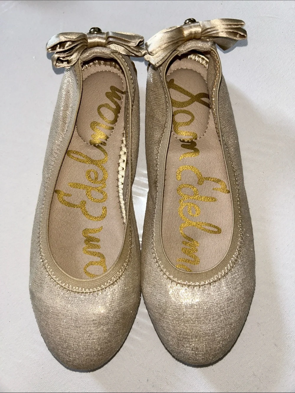 Sam Edelman Felisha Champagne Glitter Ballet Flats with Bow Accent